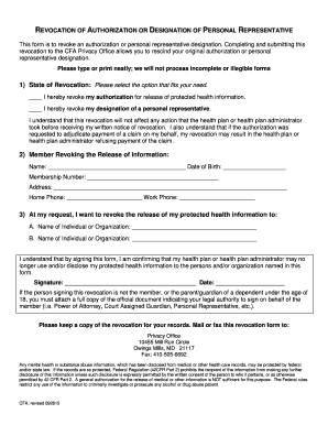 Revocation of Authorization or Personal Representative Designation