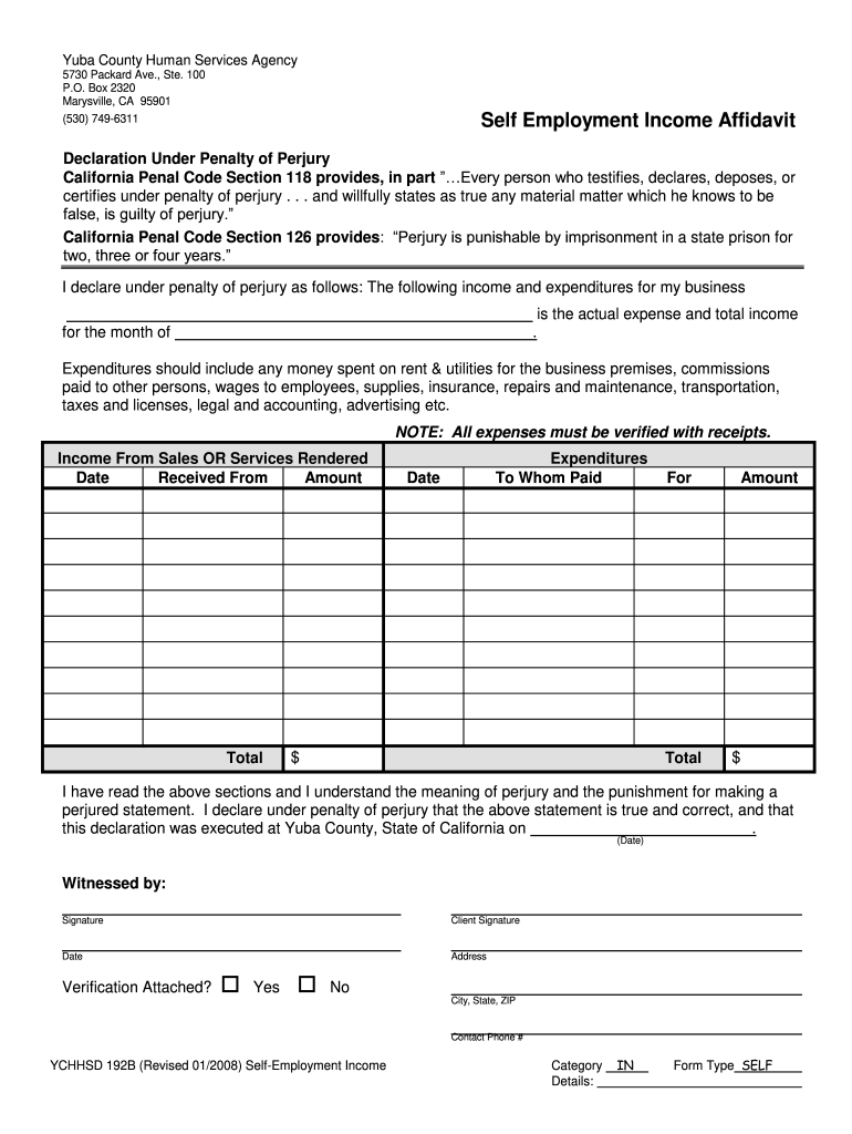 YCHHSD 192B Self-Employment Income Affidavit rev 01-b2008bpdf - co yuba ca Preview on Page 1