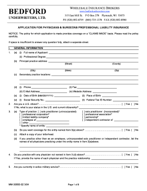 Physicians and Surgeons Professional Liability Insurance Application