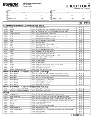 Electrolux Vacuum Cleaner Order Form