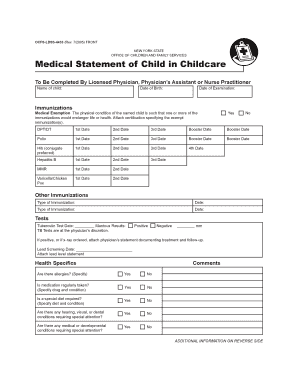 New York Medical Statement of Child in Childcare