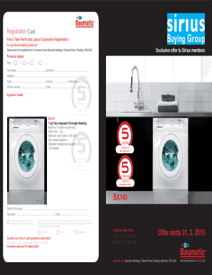 BA140 Washing Machine Registration Card