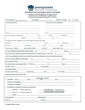 Pennsylvania Rabies Suspect Specimen Questionnaire