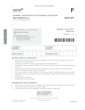 GCSE Mathematics A501/01 Exam Paper