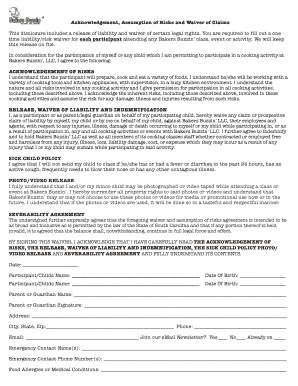 Acknowledgement and Waiver of Liability for Cooking Classes