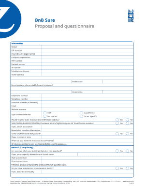 BnB Sure Insurance Proposal and Questionnaire