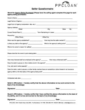 Seller Questionnaire for Agency Purchase