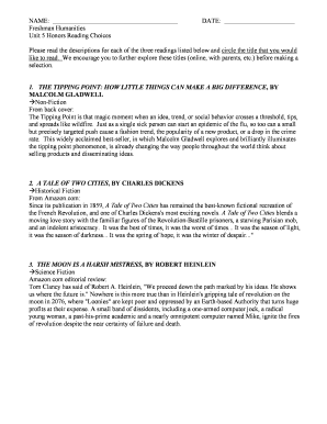 Freshman Humanities Reading Choice Form