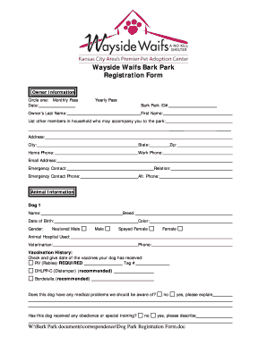 Wayside Waifs Bark Park Registration Form