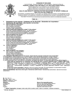 Belgian Health and Quality Certificate for Infant Formula Export