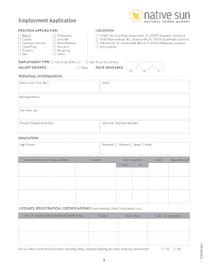 Employment Application for Native Sun Natural Foods Market