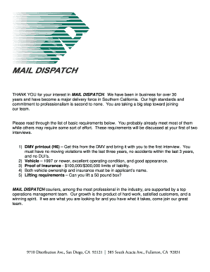 Mail Dispatch Driver Employment Application
