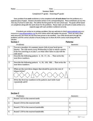 Summer Math Worksheet for 5th to 6th Grade