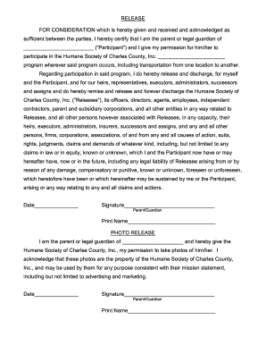 Humane Society Participation and Photo Release Form