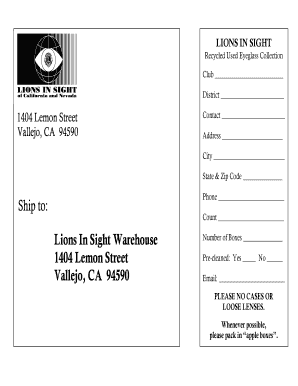 Lions In Sight Eyeglass Collection Form