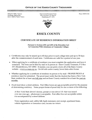 Essex County Certificate of Residence