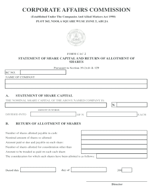 CAC 2 Statement of Share Capital and Return of Allotment of Shares