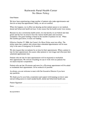 Redwoods Rural Health Center No Show Policy