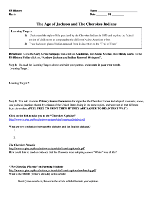 US History Assignment on Andrew Jackson and Cherokee Indians