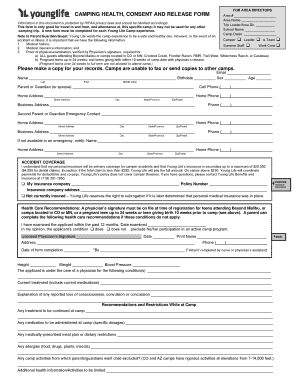 Young Life Camping Health Consent and Release Form