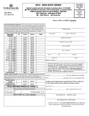 Indiana Convention Center Sign Shop Order Form