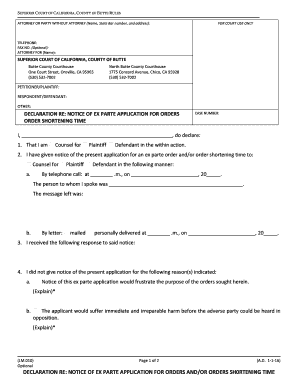 California Ex Parte Application Declaration