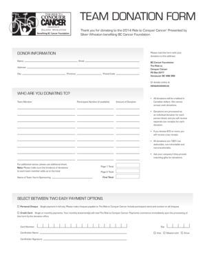 Team Donation Form for Ride to Conquer Cancer