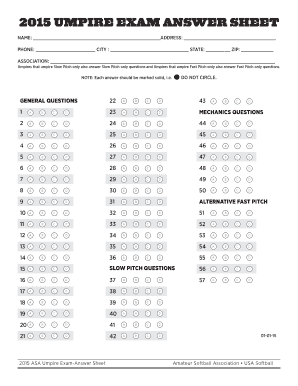 2015 ASA Umpire Exam Answer Sheet
