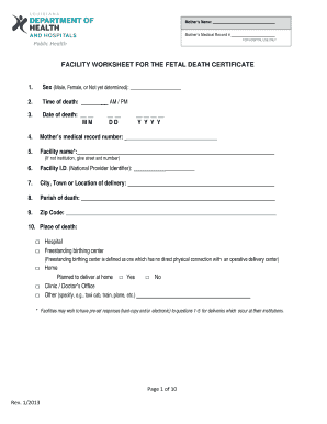 Fetal Death Certificate Facility Worksheet