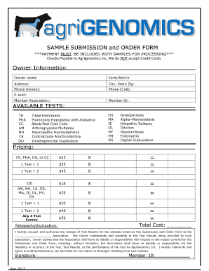 Agrigenomics Sample Submission and Order Form