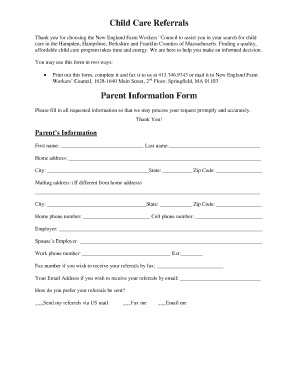 Parent Information Form for Child Care Referrals