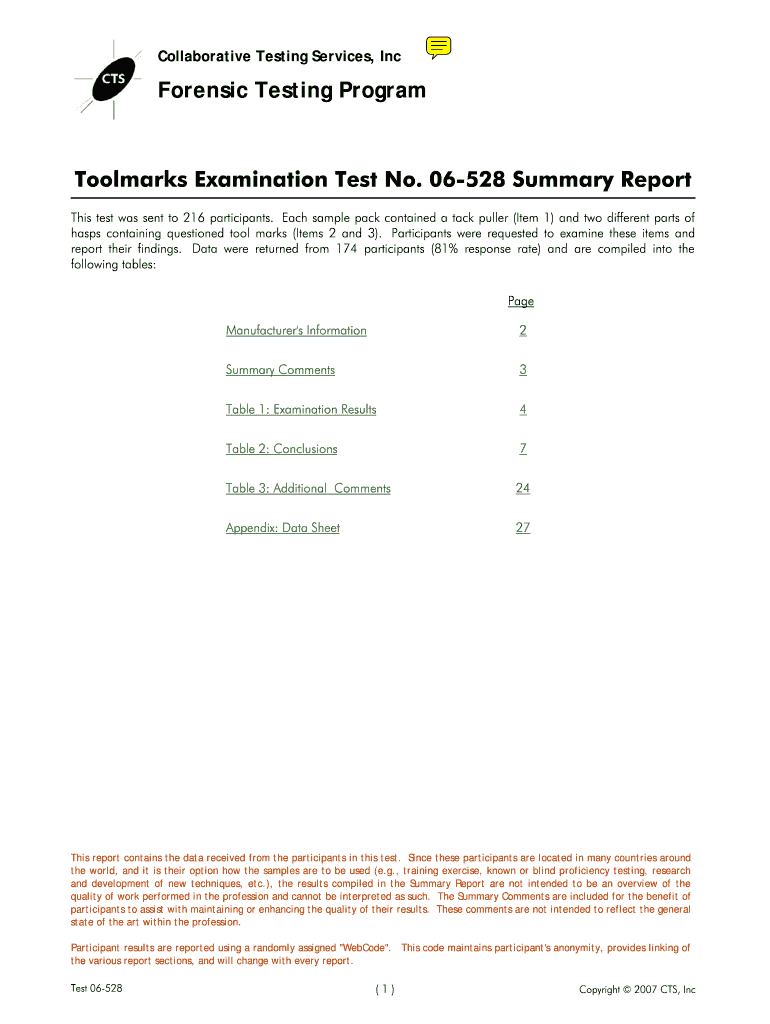 Fillable Online Toolmarks Examination Test No 06528 Summary Report Fax