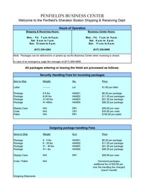 Sheraton Boston Shipping & Receiving Form