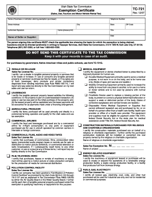 Utah Sales Tax Exemption Certificate TC-721