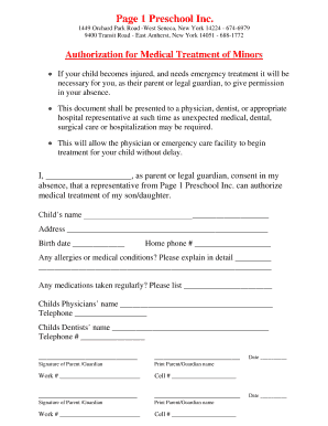 Medical Treatment Authorization pdf - Page 1 Pre School