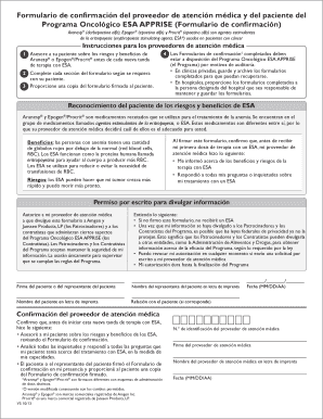 Formulario de confirmación del proveedor de atención médica y del paciente del Programa Oncológico ESA APPRISE