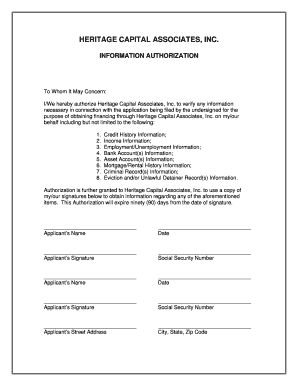 Heritage Capital Information Authorization Form