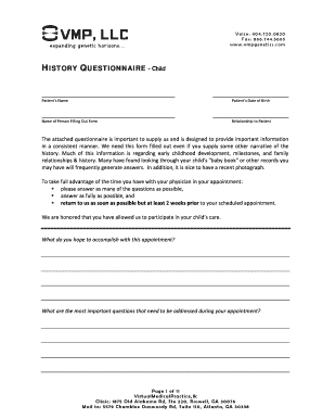 Child History Questionnaire