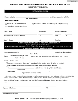 Affidavit to Request Absentee Ballot for Someone Else