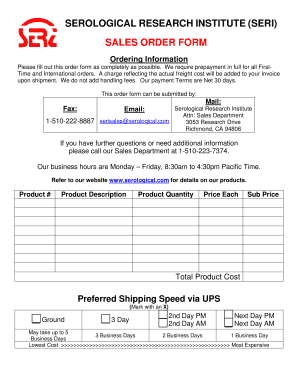 Serological Research Institute Sales Order Form