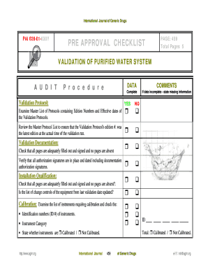 Purified Water System Validation Checklist