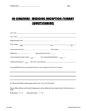 Wedding Reception Format Questionnaire