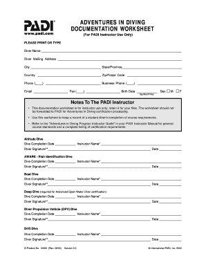 Fillable Online Adventures in diving documentation worksheet - South ...