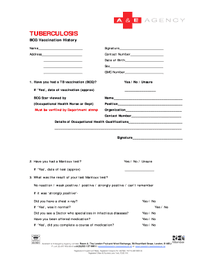 Tuberculosis BCG Vaccination History Form