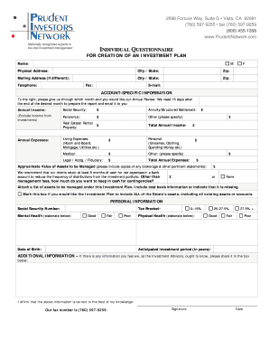 Individual Questionnaire for Investment Plan