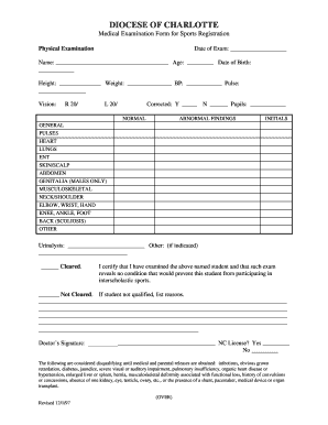 Medical Examination Form for Sports Registration