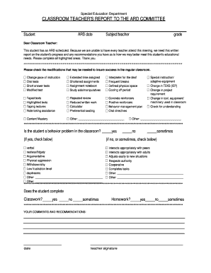 Classroom Teacher's Report to the ARD Committee