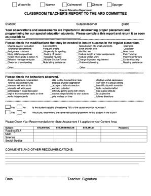 Classroom Teacher's Report to the ARD Committee