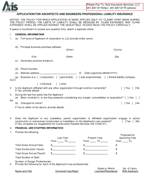 Architects and Engineers Professional Liability Insurance Application