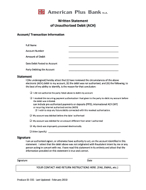Written Statement of Unauthorized Debit (ACH)